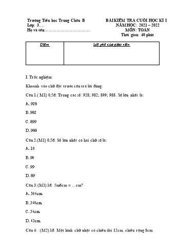 Bài kiểm tra cuối học kì I môn Toán Lớp 3 - Năm học 2021-2022 - Trường Tiểu học Trung Châu B (Có đáp án)