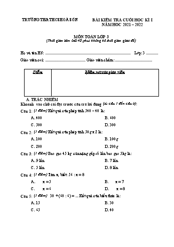 Bài kiểm tra cuối học kì I môn Toán Lớp 3 - Năm học 2021-2022 - Trường TH&THCS Hoa Sơn