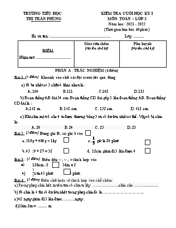 Bài kiểm tra cuối học kỳ I môn Toán Lớp 3 - Năm học 2021-2022 - Trường Tiểu học Thị trấn Phùng