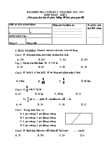 Bài kiểm tra cuối kỳ I môn Toán Lớp 3 - Năm học 2021-2022 (Có đáp án)