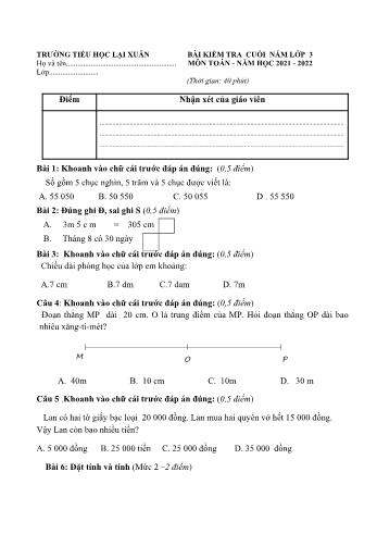 Bài kiểm tra cuối năm môn Toán Lớp 3 - Năm học 2022-2023 - Trường Tiểu học Lại Xuân (Có đáp án)