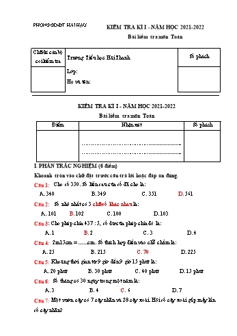 Bài kiểm tra kì I môn Toán Lớp 3 - Năm học 2021-2022 - Trường Tiểu học Thanh Hải