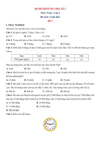 Bộ 10 đề kiểm tra học kì 2 môn Toán Lớp 3 Sách Cánh diều (Có đáp án)