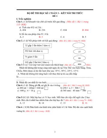 Bộ 4 đề thi học kì 1 môn Toán Lớp 3 Sách Kết nối tri thức với cuộc sống (Có đáp án)