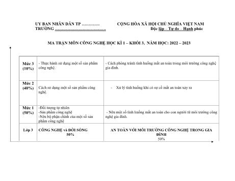 Đề kiểm tra cuối học kì I môn Công nghệ Lớp 3 Sách Chân trời sáng tạo - Năm học 2022-2023 (Có đáp án)