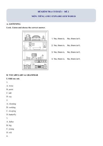 Đề kiểm tra cuối kì 1 môn Tiếng Anh Lớp 3 Sách Explore Our World - Đề 2 (Có file nghe + đáp án)