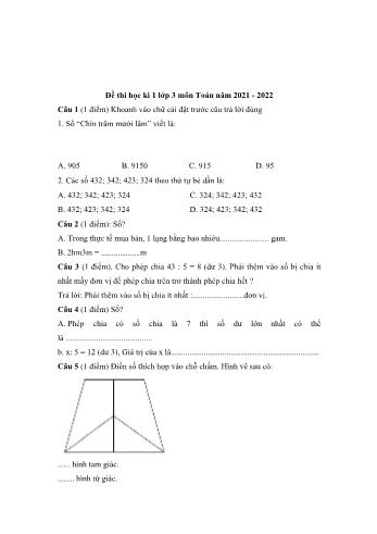 Đề kiểm tra định kì cuối học kì 1 môn Toán Lớp 3 - Năm học 2021-2022 (Có đáp án)