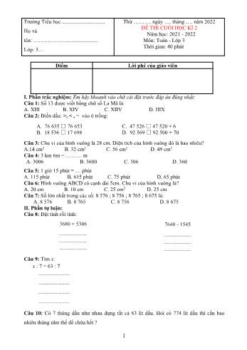 Đề kiểm tra định kì cuối học kì II môn Toán Lớp 3 - Năm học 2021-2022 (Có đáp án)