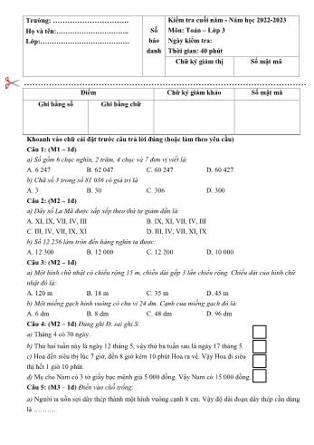 Đề kiểm tra định kì cuối năm môn Toán Lớp 3 - Năm học 2022-2023 (Có đáp án)