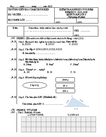 Đề kiểm tra định kì cuối năm môn Toán Lớp 3 - Năm học 2022-2023 - Trường Tiểu học Tam Thôn Hiệp (Có ma trận)