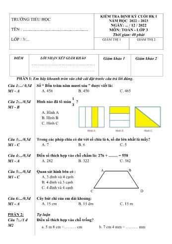 Đề kiểm tra định kỳ cuối học kì I môn Toán Lớp 3 - Năm học 2022-2023 (Có đáp án)