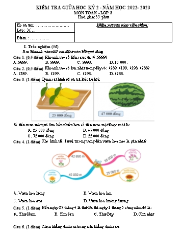 Đề kiểm tra giữa học kỳ 2 môn Toán Lớp 3 Sách Cánh diều - Năm học 2022-2023