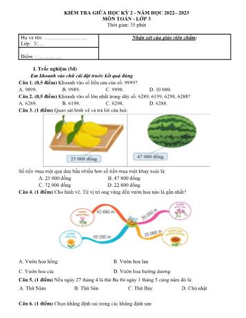 Đề kiểm tra giữa học kỳ 2 môn Toán Lớp 3 Sách Cánh diều - Năm học 2022-2023 (Có đáp án)