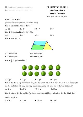Đề kiểm tra học kì 1 môn Toán Lớp 3 Sách Cánh diều - Đề 5 (Có đáp án)