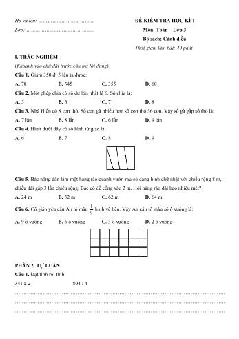 Đề kiểm tra học kì 1 môn Toán Lớp 3 Sách Cánh diều - Đề 8 (Có đáp án)