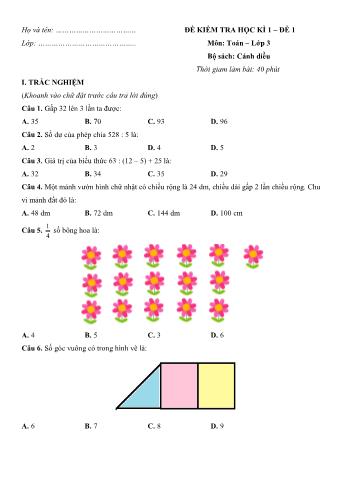 Đề kiểm tra học kì 1 môn Toán Lớp 3 Sách Cánh diều - Đề số 1 (Có lời giải)