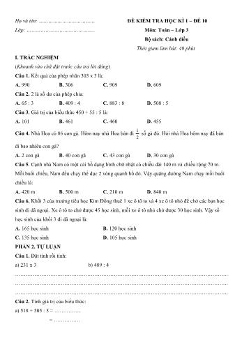 Đề kiểm tra học kì 1 môn Toán Lớp 3 Sách Cánh diều - Đề số 10 (Có lời giải)