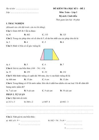 Đề kiểm tra học kì 1 môn Toán Lớp 3 Sách Cánh diều - Đề số 2 (Có lời giải)