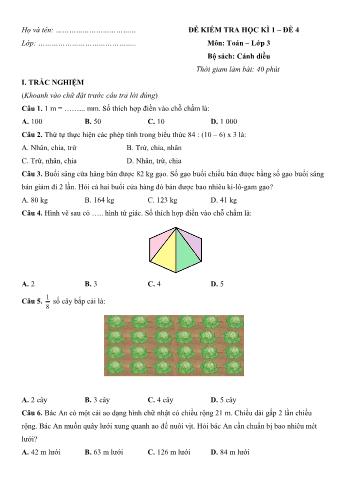 Đề kiểm tra học kì 1 môn Toán Lớp 3 Sách Cánh diều - Đề số 4 (Có lời giải)