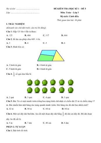 Đề kiểm tra học kì 1 môn Toán Lớp 3 Sách Cánh diều - Đề số 5 (Có lời giải)