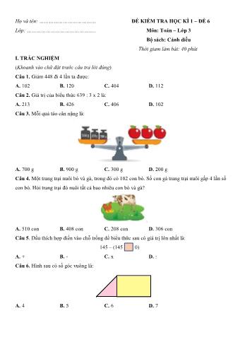 Đề kiểm tra học kì 1 môn Toán Lớp 3 Sách Cánh diều - Đề số 6 (Có lời giải)