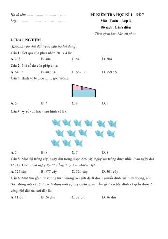 Đề kiểm tra học kì 1 môn Toán Lớp 3 Sách Cánh diều - Đề số 7 (Có lời giải)