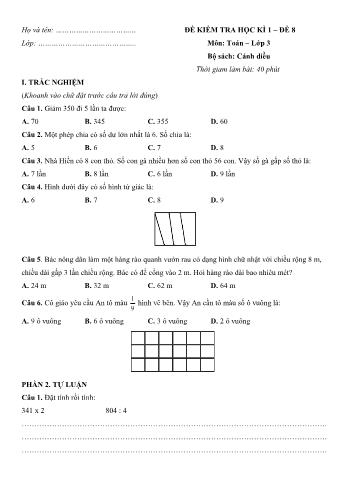 Đề kiểm tra học kì 1 môn Toán Lớp 3 Sách Cánh diều - Đề số 8 (Có lời giải)