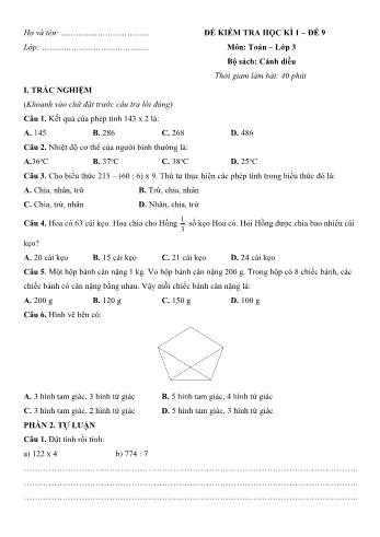 Đề kiểm tra học kì 1 môn Toán Lớp 3 Sách Cánh diều - Đề số 9 (Có lời giải)