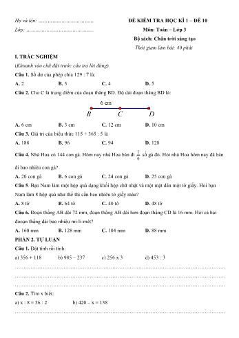 Đề kiểm tra học kì 1 môn Toán Lớp 3 Sách Chân trời sáng tạo - Đề 10 (Có đáp án)