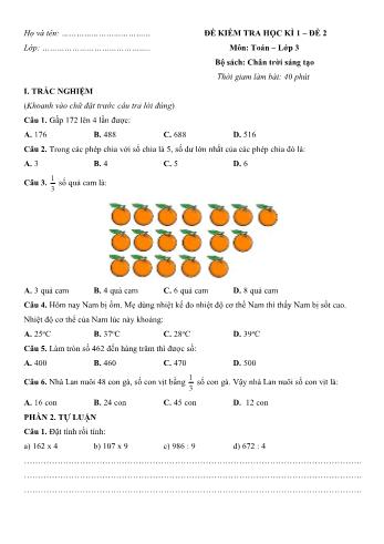 Đề kiểm tra học kì 1 môn Toán Lớp 3 Sách Chân trời sáng tạo - Đề 2 (Có đáp án)