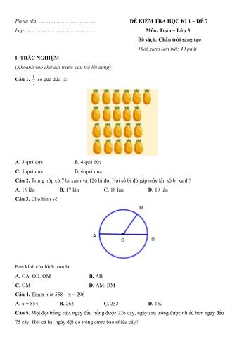 Đề kiểm tra học kì 1 môn Toán Lớp 3 Sách Chân trời sáng tạo - Đề 7 (Có đáp án)
