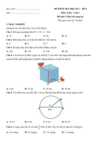 Đề kiểm tra học kì 1 môn Toán Lớp 3 Sách Chân trời sáng tạo - Đề 8 (Có đáp án)