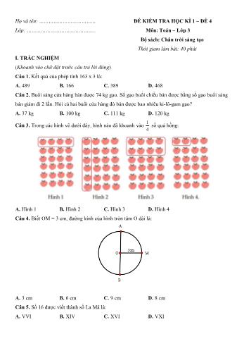 Đề kiểm tra học kì 1 môn Toán Lớp 3 Sách Chân trời sáng tạo - Đề 4 (Có đáp án)