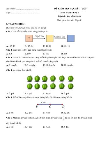 Đề kiểm tra học kì 1 môn Toán Lớp 3 Sách Chân trời sáng tạo - Đề 5 (Có đáp án)