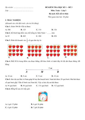 Đề kiểm tra học kì 1 môn Toán Lớp 3 Sách Chân trời sáng tạo - Đề 3 (Có đáp án)