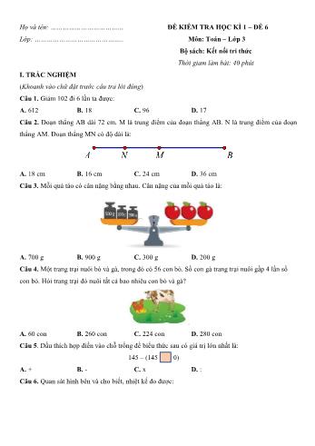 Đề kiểm tra học kì 1 môn Toán Lớp 3 Sách Kết nối tri thức với cuộc sống - Đề 6 (Có đáp án)