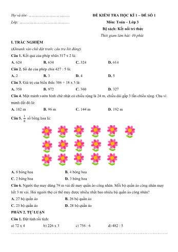 Đề kiểm tra học kì 1 môn Toán Lớp 3 Sách Kết nối tri thức với cuộc sống - Đề 1 (Có đáp án)