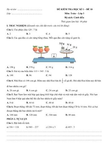 Đề kiểm tra học kì 1 môn Toán Lớp 3 Sách Kết nối tri thức với cuộc sống - Đề 10 (Có đáp án)