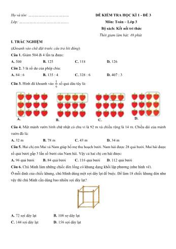 Đề kiểm tra học kì 1 môn Toán Lớp 3 Sách Kết nối tri thức với cuộc sống - Đề 3 (Có đáp án)