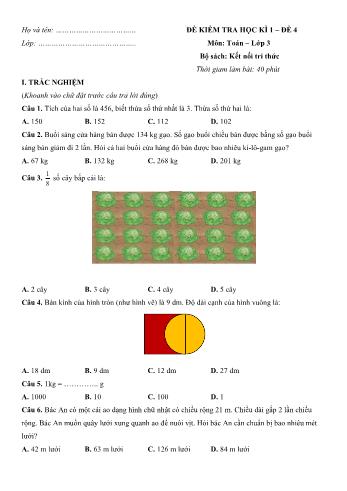 Đề kiểm tra học kì 1 môn Toán Lớp 3 Sách Kết nối tri thức với cuộc sống - Đề 4 (Có đáp án)