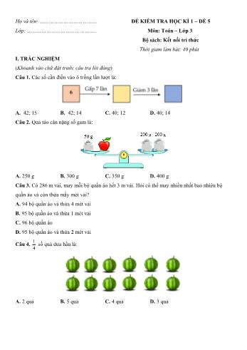 Đề kiểm tra học kì 1 môn Toán Lớp 3 Sách Kết nối tri thức với cuộc sống - Đề 5 (Có đáp án)