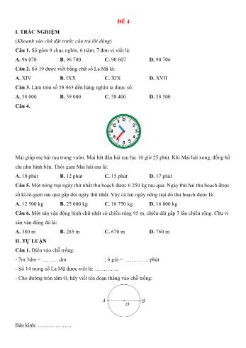 Đề kiểm tra học kì 2 môn Toán Lớp 3 Sách Cánh diều - Đề 4 (Có đáp án)