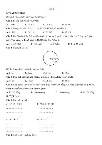 Đề kiểm tra học kì 2 môn Toán Lớp 3 Sách Cánh diều - Đề 8 (Có đáp án)