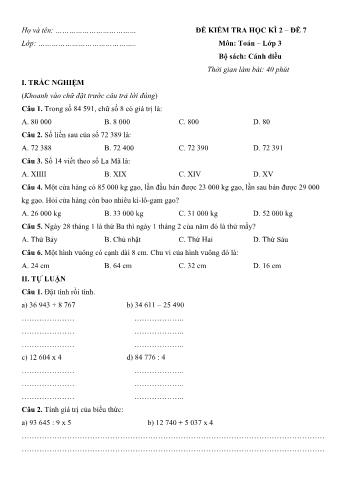 Đề kiểm tra học kì 2 môn Toán Lớp 3 Sách Cánh diều - Đề số 7 (Có đáp án)