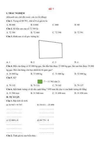 Đề kiểm tra học kì 2 môn Toán Lớp 3 Sách Chân trời sáng tạo - Đề 7 (Có đáp án)
