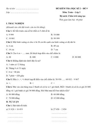 Đề kiểm tra học kì 2 môn Toán Lớp 3 Sách Chân trời sáng tạo - Đề số 9 (Có đáp án)