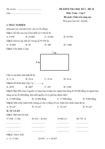 Đề kiểm tra học kì 2 môn Toán Lớp 3 Sách Chân trời sáng tạo - Đề số 10 (Có đáp án)