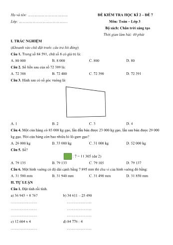 Đề kiểm tra học kì 2 môn Toán Lớp 3 Sách Chân trời sáng tạo - Đề số 7 (Có đáp án)