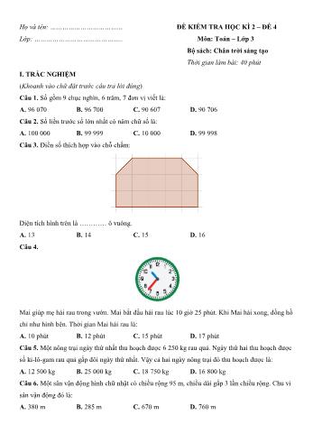 Đề kiểm tra học kì 2 môn Toán Lớp 3 Sách Chân trời sáng tạo - Đề số 4 (Có đáp án)