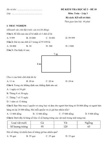 Đề kiểm tra học kì 2 môn Toán Lớp 3 Sách Kết nối tri thức với cuộc sống - Đề số 10 (Có đáp án)